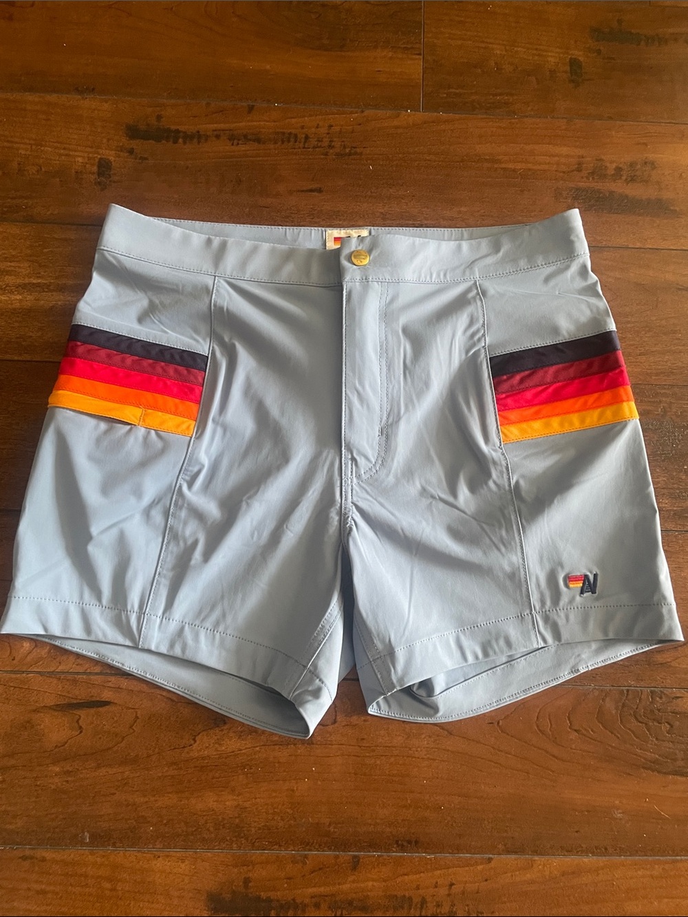 NWT Baby Blue Men's Swim Trunks with Retro Multicolor Side Stripes